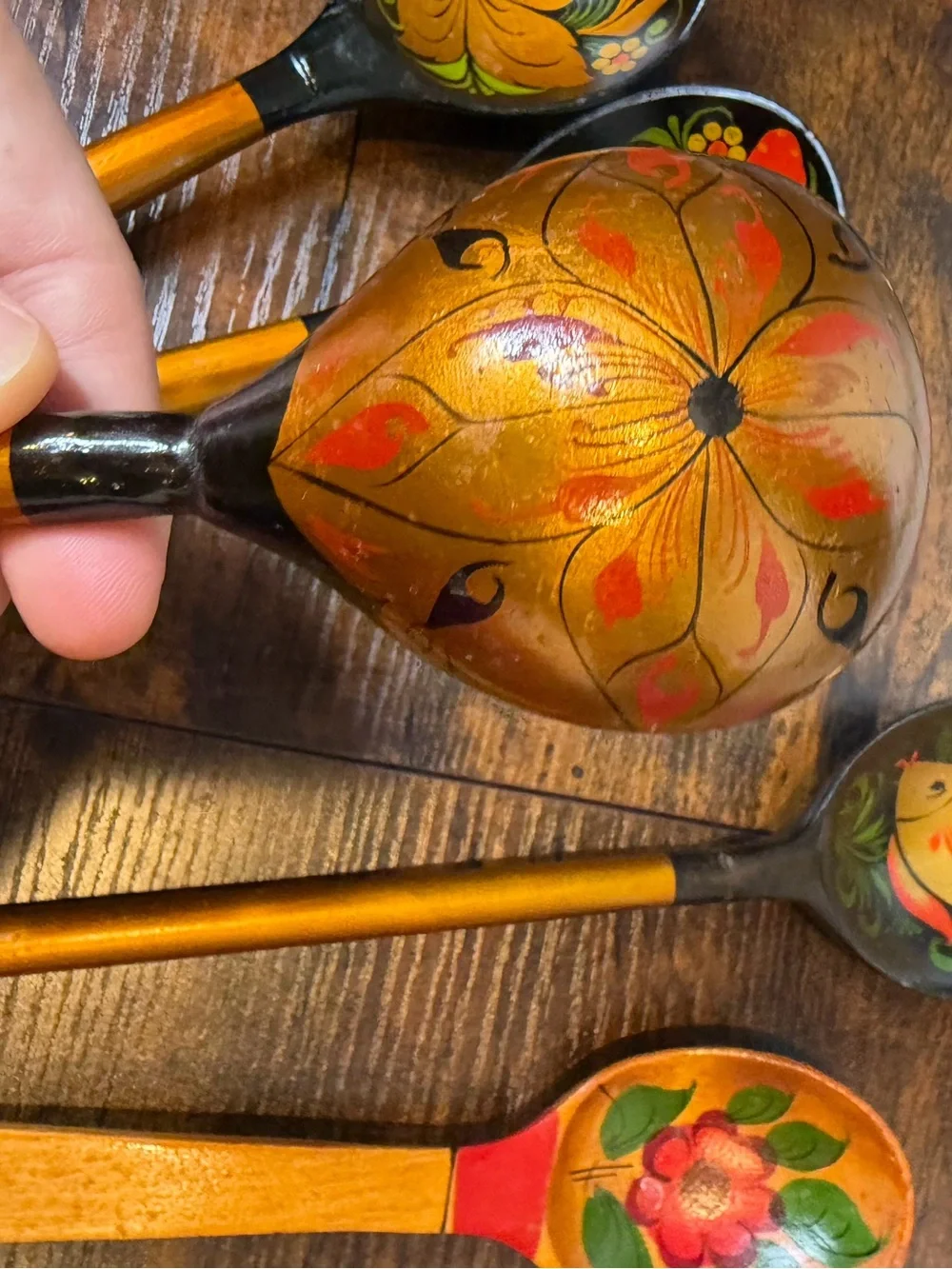 Hand-Painted Black and Gold Wooden Decorative Spoons Set of 5